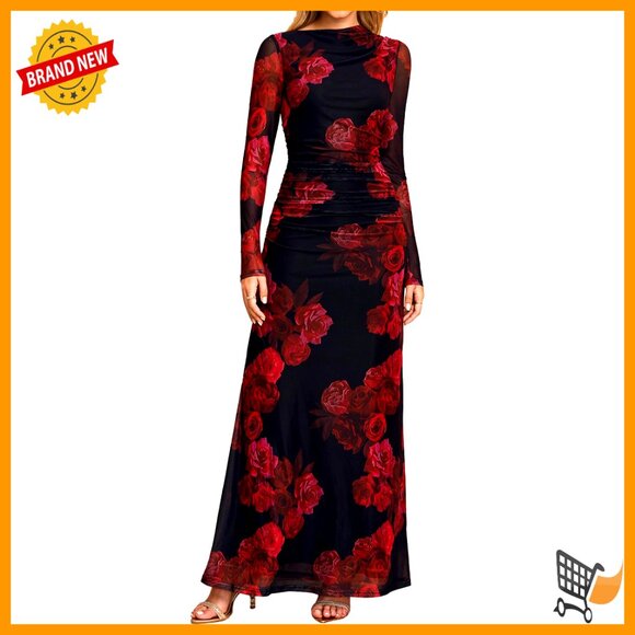 Long Sleeve Floral Maxi Dress Ruched A-Line Formal Wedding Guest Party